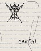 Cybersigilism Gemini glyph tattoo stencil shown on upper back near neck placement, sharp zodiac symbol download 