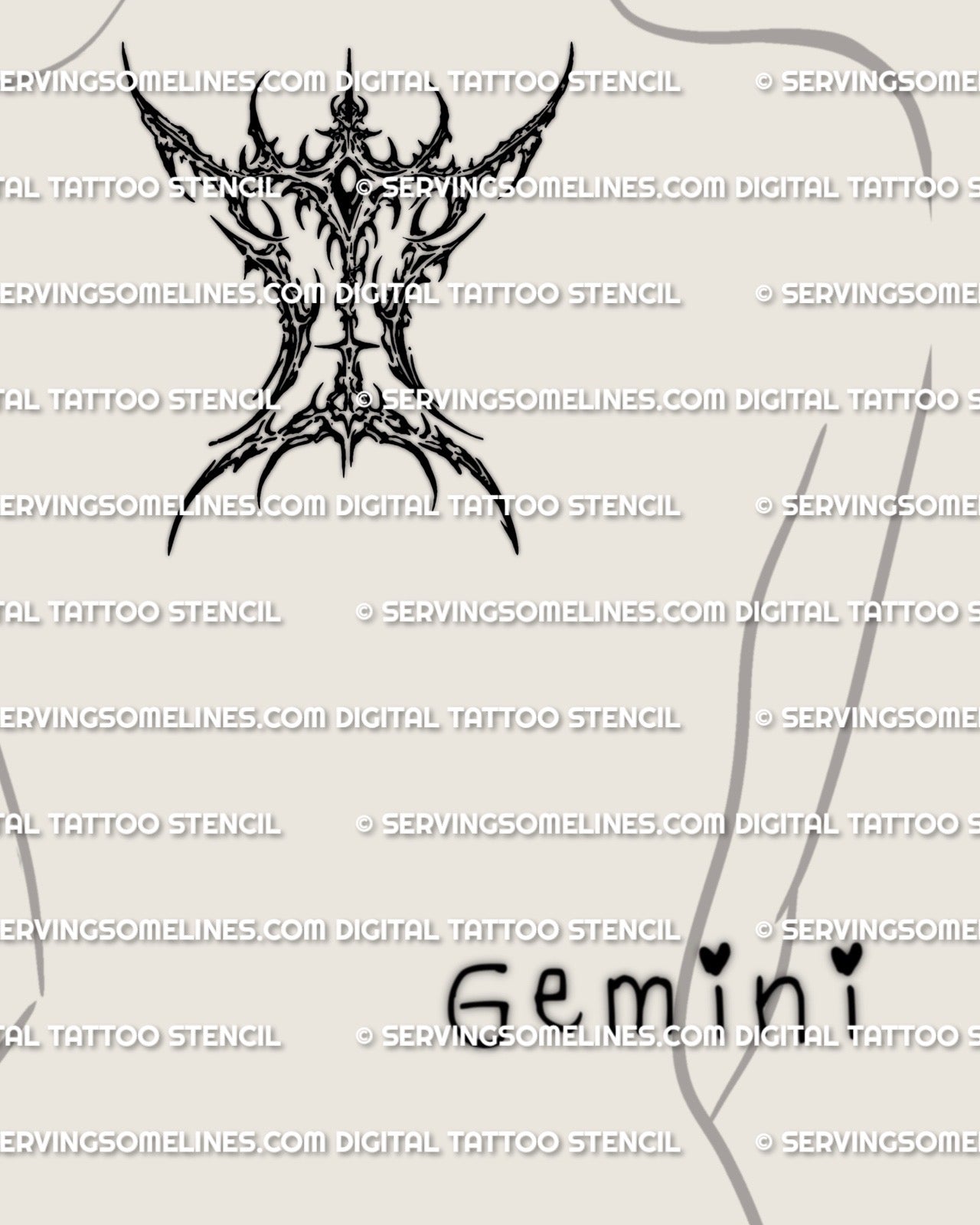 Cybersigilism Gemini glyph tattoo stencil shown on upper back near neck placement, sharp zodiac symbol download 