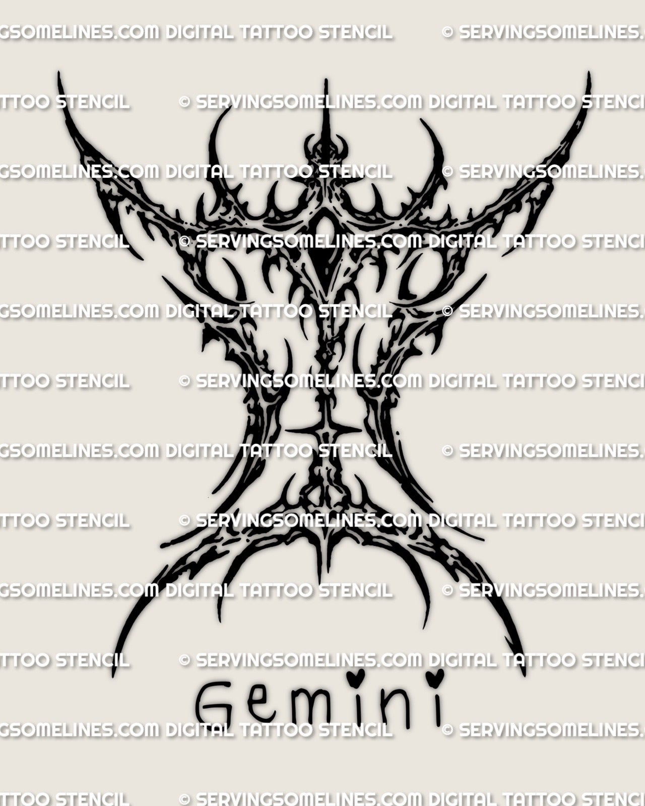 Cybersigilism Gemini tattoo stencil design preview, sharp zodiac glyph symbol for stencil download, PNG JPG PDF included