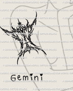 Cybersigilism Gemini zodiac stencil shown on upper arm placement, sharp glyph tattoo design, printable download files