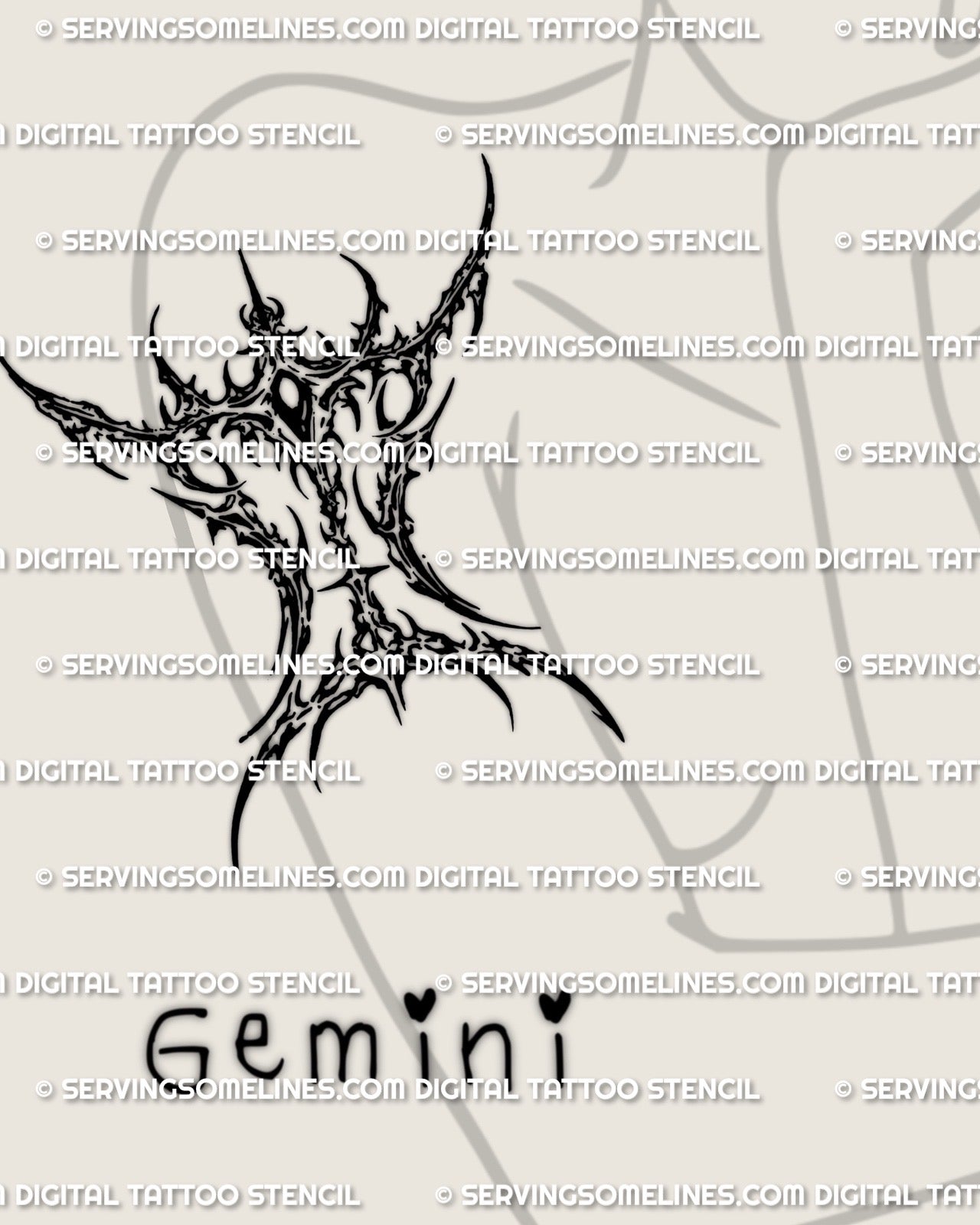 Cybersigilism Gemini zodiac stencil shown on upper arm placement, sharp glyph tattoo design, printable download files