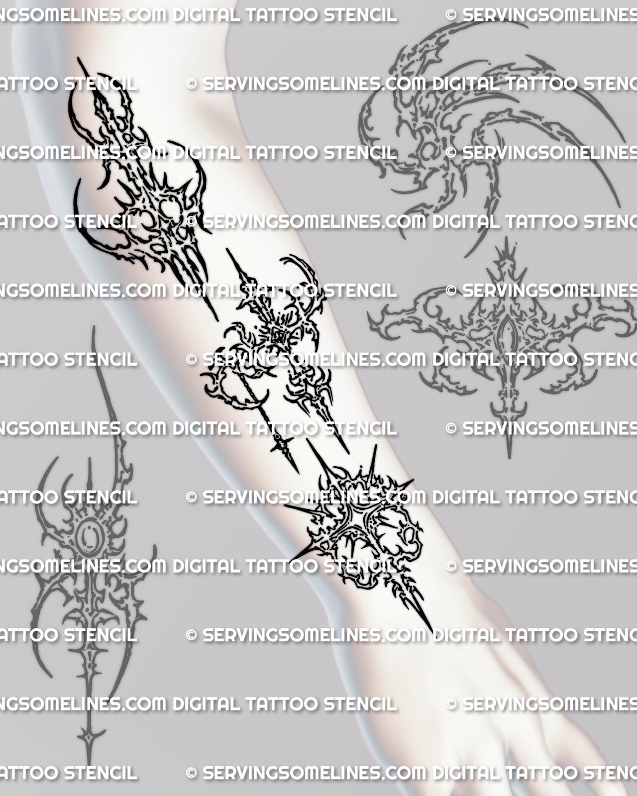 Cybersigilism glyph tattoo shown on forearm placement preview with a narrow symbolic ornamental layout
