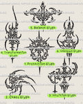 Cybersigilism glyph tattoo stencil set with 6 symbolic designs arranged on one clean preview sheet