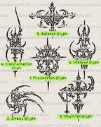 Cybersigilism glyph tattoo stencil set with 6 symbolic designs arranged on one clean preview sheet