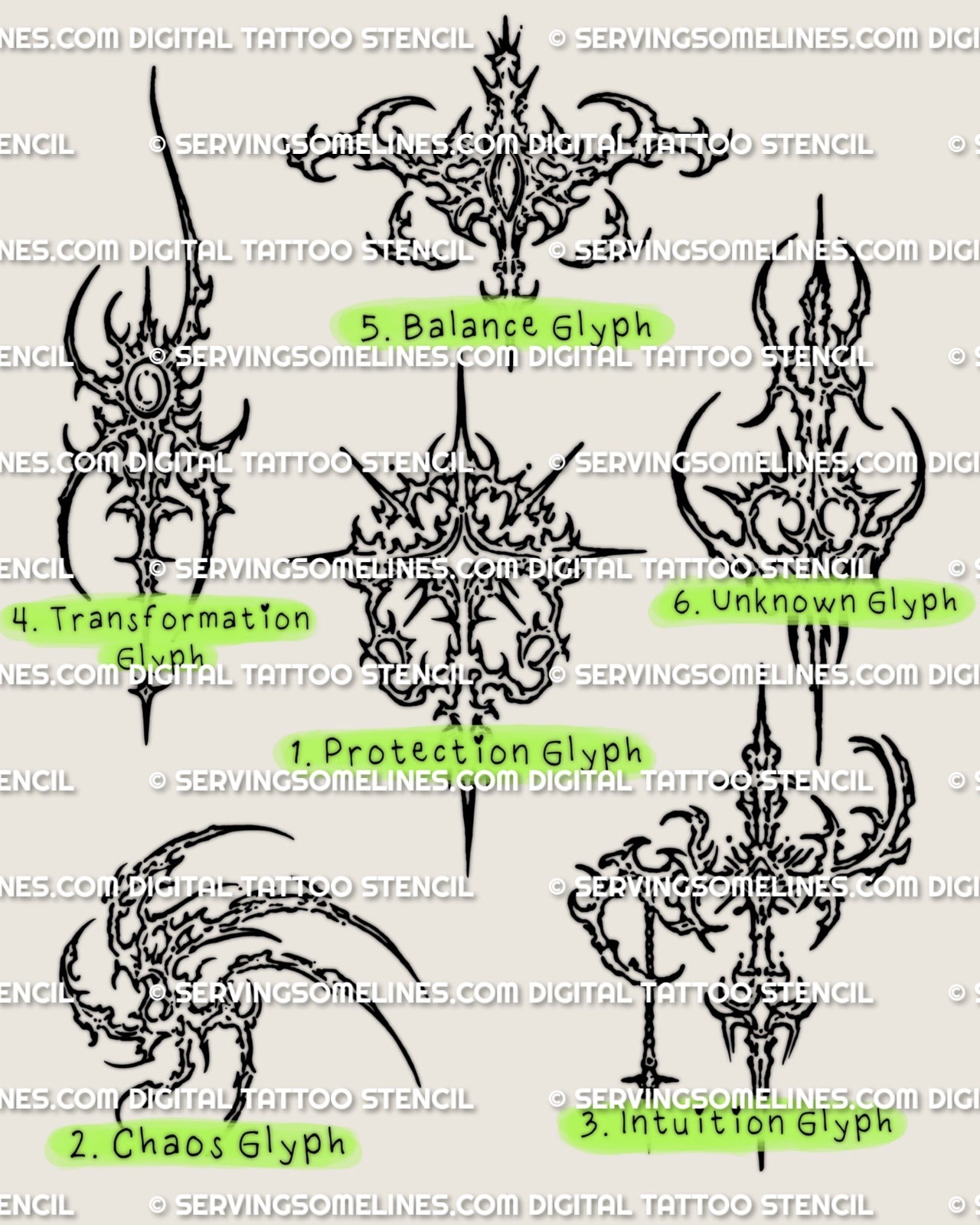 Cybersigilism glyph tattoo stencil set with 6 symbolic designs arranged on one clean preview sheet