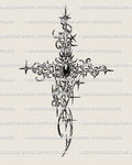 gothic cybersigilism cross tattoo stencil with gemstone center and sharp ornamental linework shown as full design layout for arm chest back or leg placement