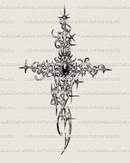 gothic cybersigilism cross tattoo stencil with gemstone center and sharp ornamental linework shown as full design layout for arm chest back or leg placement