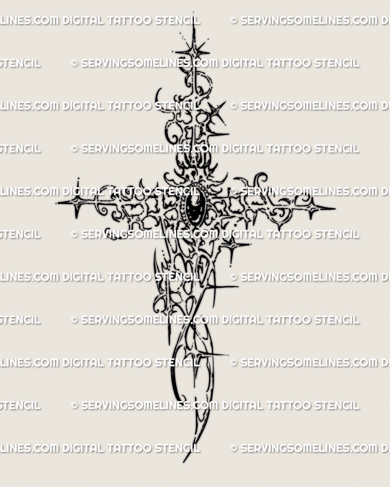 gothic cybersigilism cross tattoo stencil with gemstone center and sharp ornamental linework shown as full design layout for arm chest back or leg placement