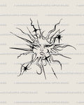 Cybersigilism sun tattoo stencil with gothic face and spiky rays, celestial linework design mixing tribal geometry and ornamental balance.