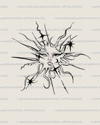 Cybersigilism sun tattoo stencil with gothic face and spiky rays, celestial linework design mixing tribal geometry and ornamental balance.