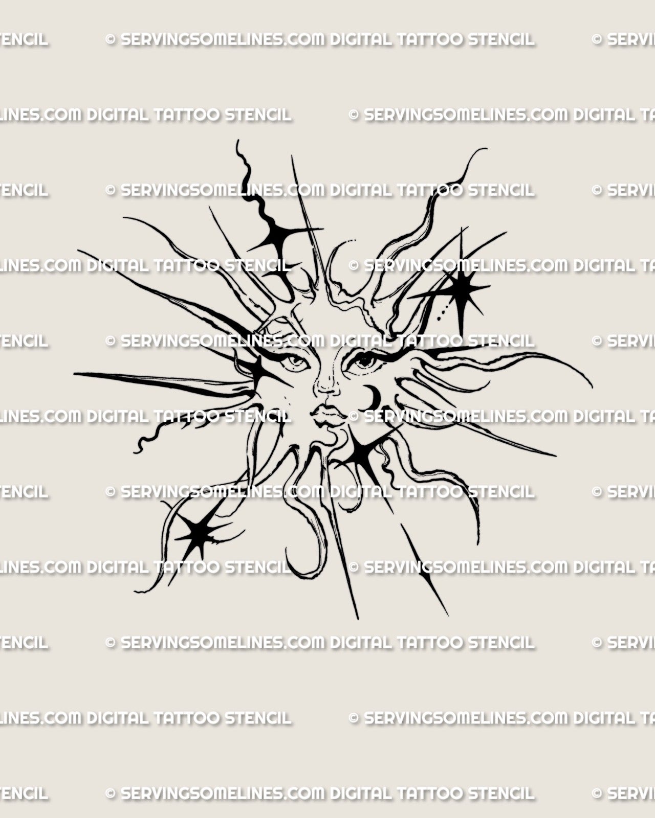 Cybersigilism sun tattoo stencil with gothic face and spiky rays, celestial linework design mixing tribal geometry and ornamental balance.