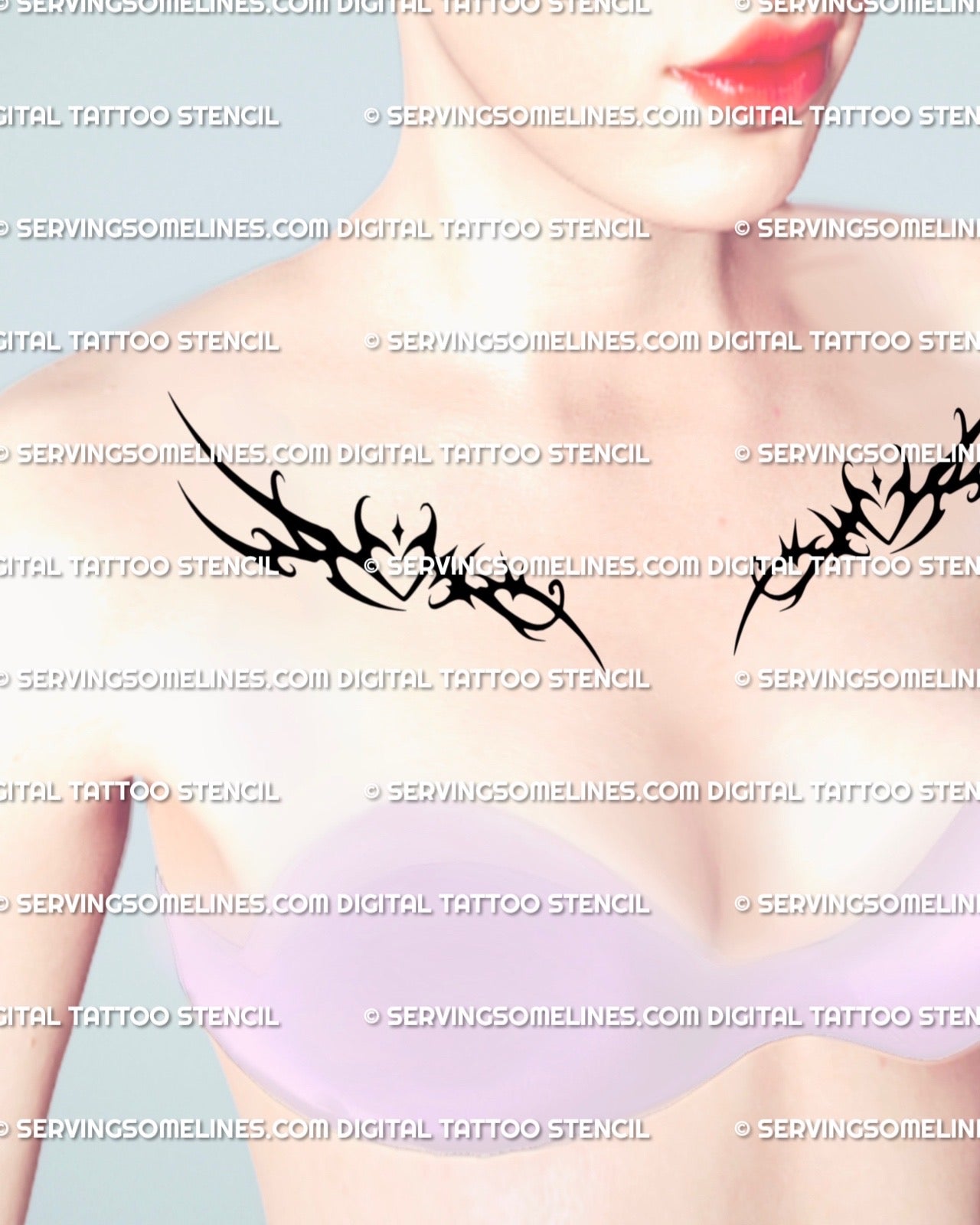 Displayed on woman’s chest, symmetrical cybersigilism heart tattoo stencil with gothic sparkle details, digital download preview