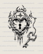 Cyber sigil heart shaped lock tattoo design with chain charm and heart key, high contrast linework, design only preview.