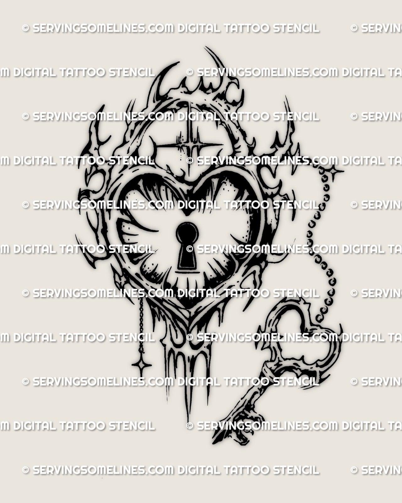 Cyber sigil heart shaped lock tattoo design with chain charm and heart key, high contrast linework, design only preview.