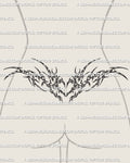 Cybersigilism heart lower back tattoo stencil shown on female placement with sharp cyber sigil framing