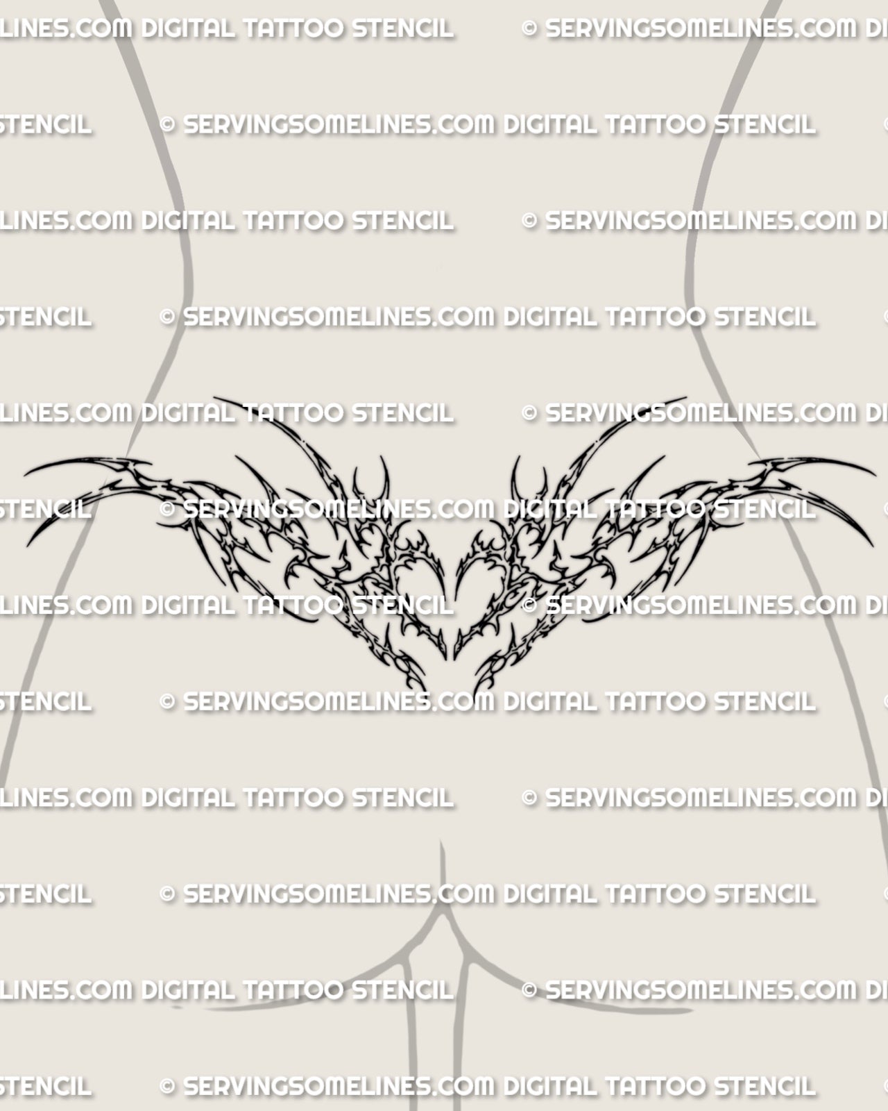 Cybersigilism heart lower back tattoo stencil shown on female placement with sharp cyber sigil framing