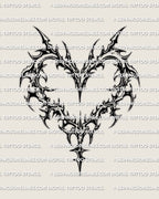 Heart tattoo stencil in cybersigilism style, abstract glyph rhythm forming a heart outline with a crown-like top split and pointed base.