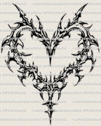 Cybersigilism heart tattoo stencil, sigil strokes form an open heart frame with curved hooks and a long tapered bottom point.