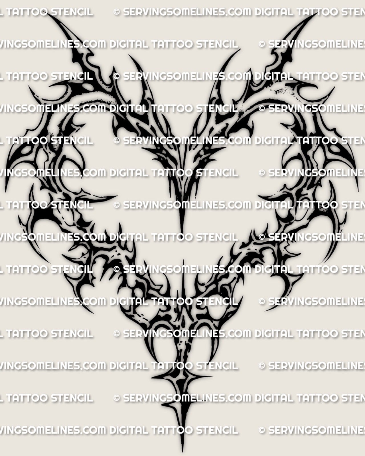 Cybersigilism heart tattoo stencil, sigil strokes form an open heart frame with curved hooks and a long tapered bottom point.