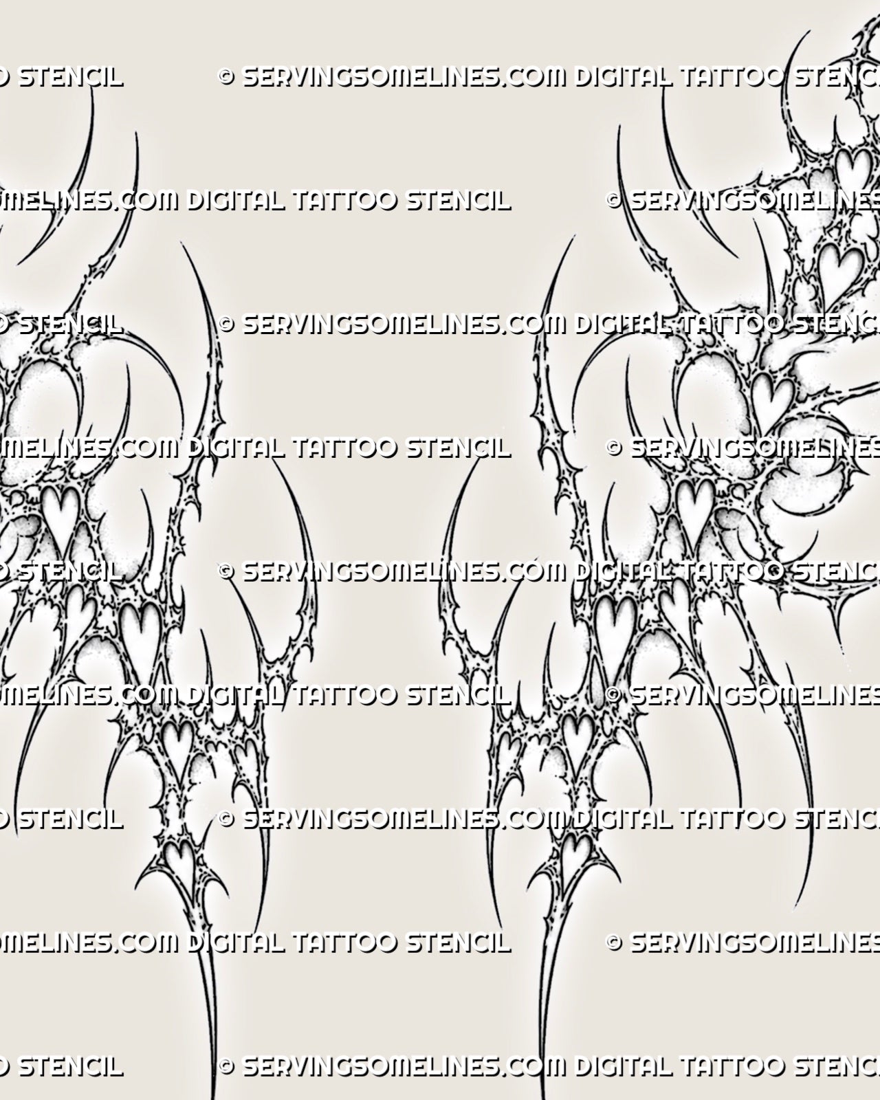 Clean cybersigilism heart waist tattoo stencil file with dotted texture, cut-out heart shapes, and sharp lower stomach linework.