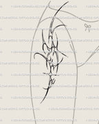 Feminine hip tattoo stencil in cybersigilism style, abstract ornamental spikes following body curves for soft but powerful look. 
