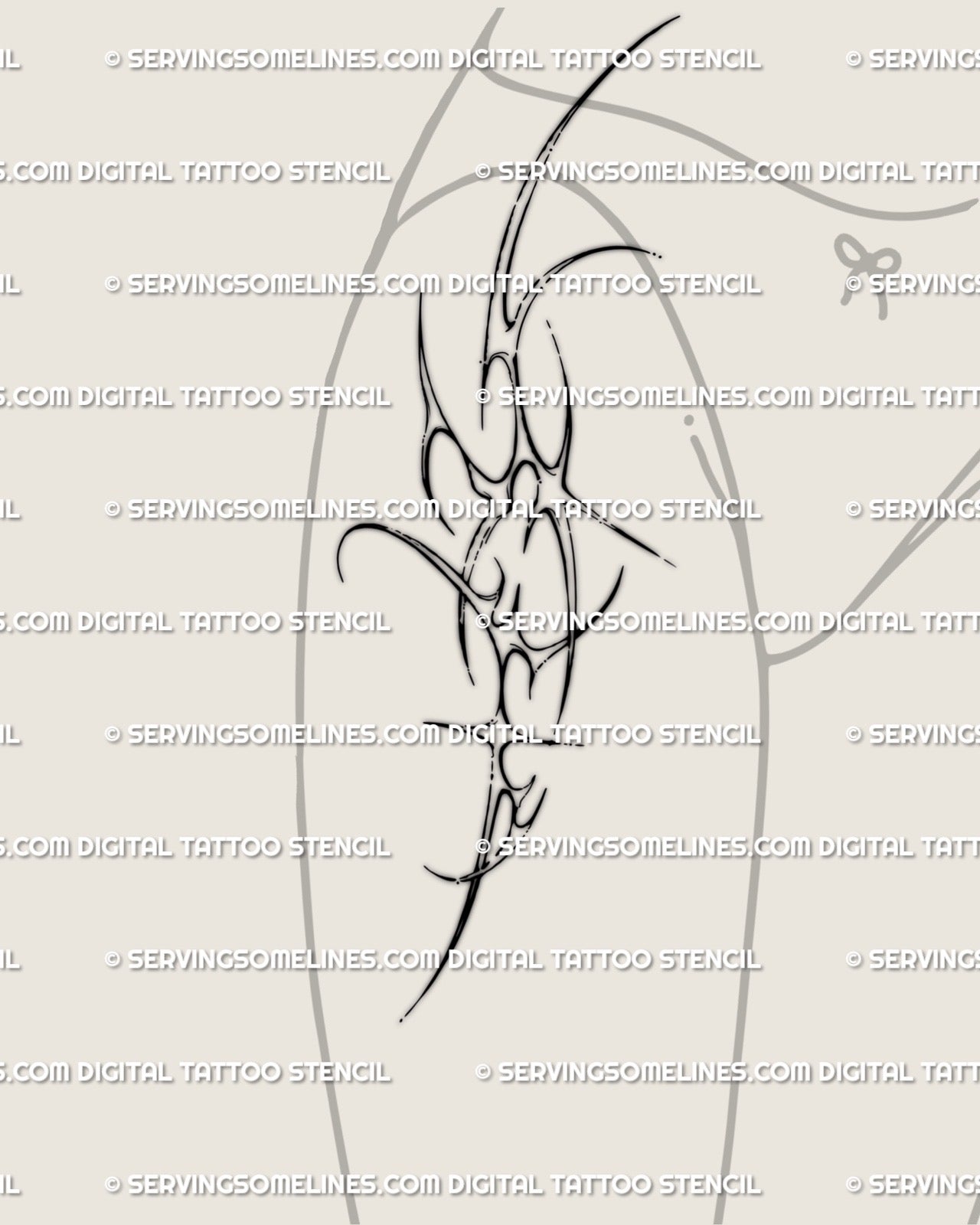 Feminine hip tattoo stencil in cybersigilism style, abstract ornamental spikes following body curves for soft but powerful look. 