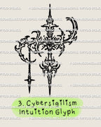 Intuition glyph tattoo stencil in cybersigilism style with a focused narrow symbolic structure