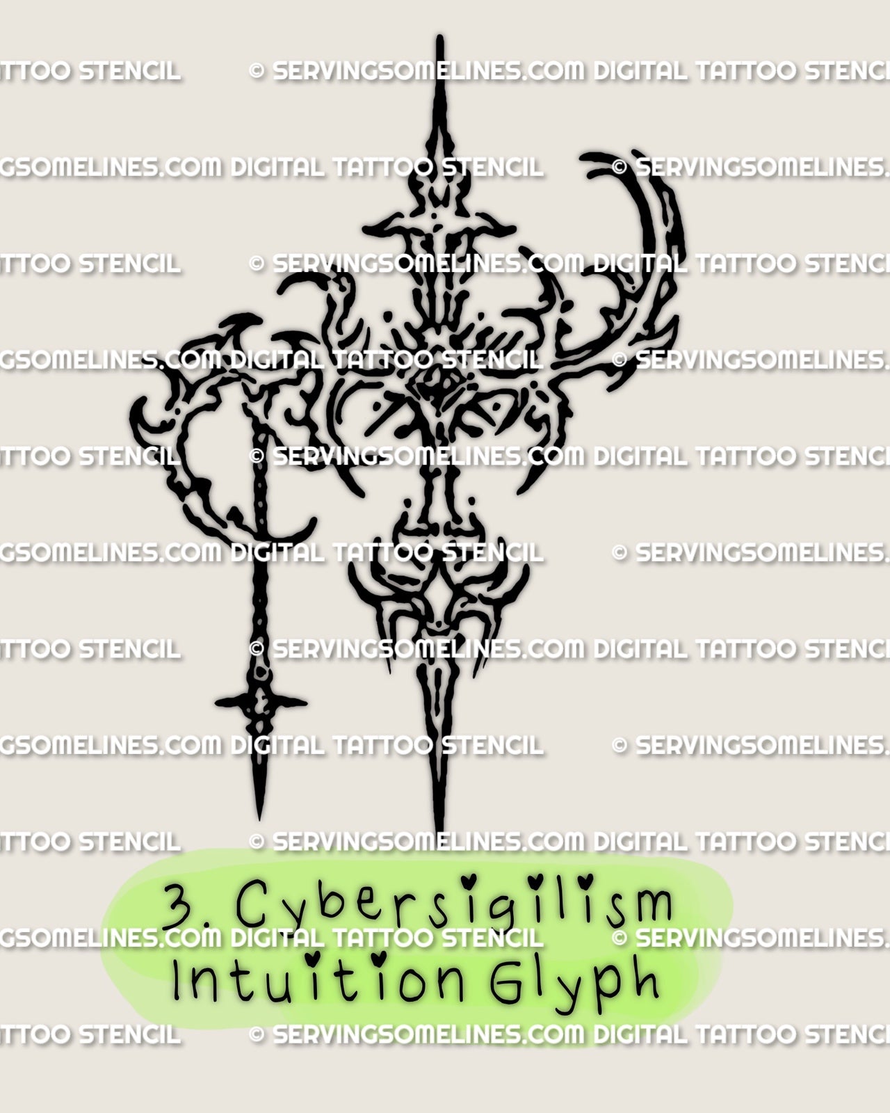 Intuition glyph tattoo stencil in cybersigilism style with a focused narrow symbolic structure