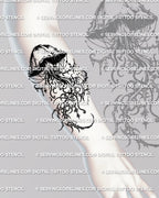 Cybersigilism jellyfish tattoo stencil displayed on forearm placement, tall jellyfish layout with dripping bell and tentacles.
