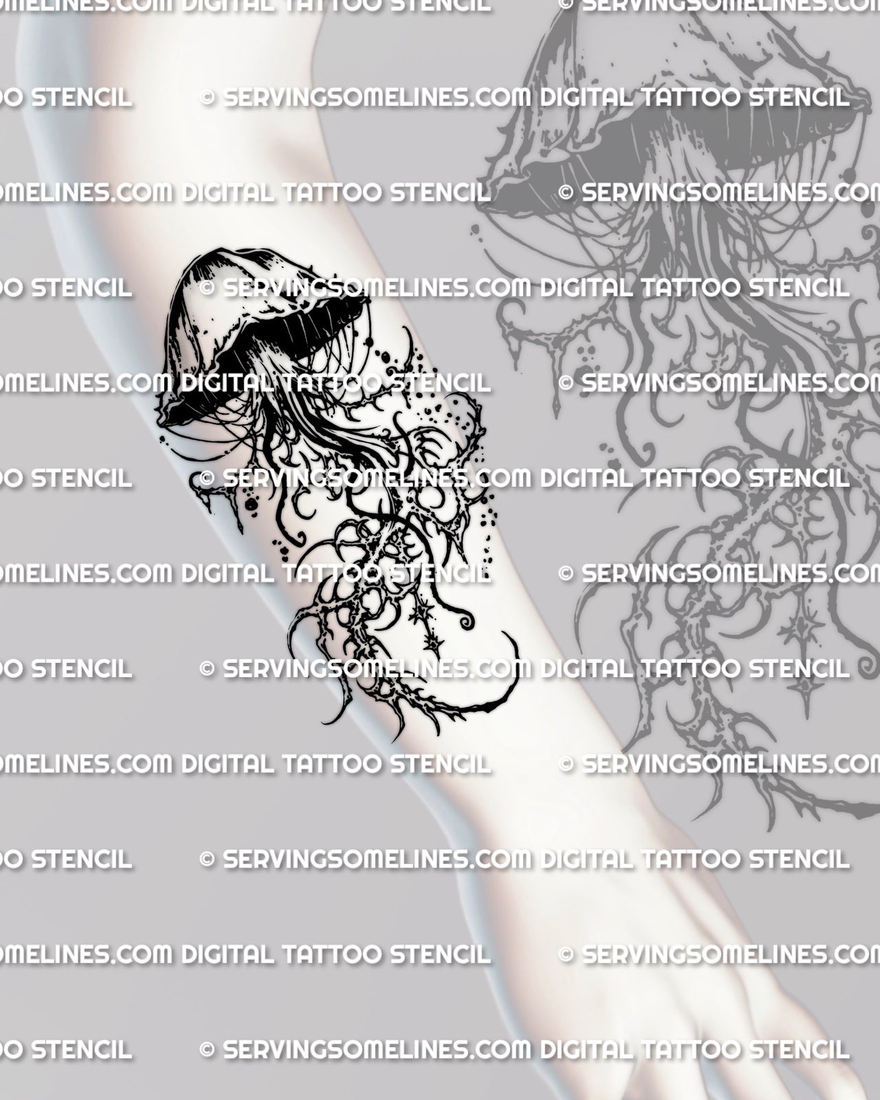 Cybersigilism jellyfish tattoo stencil displayed on forearm placement, tall jellyfish layout with dripping bell and tentacles.