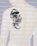 Cybersigilism jellyfish tattoo stencil displayed on men’s back shoulder placement, bold jellyfish silhouette with tentacles.