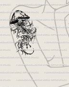 Cybersigilism jellyfish tattoo stencil shown on women’s arm placement, dripping jellyfish with long tentacles, printable files.