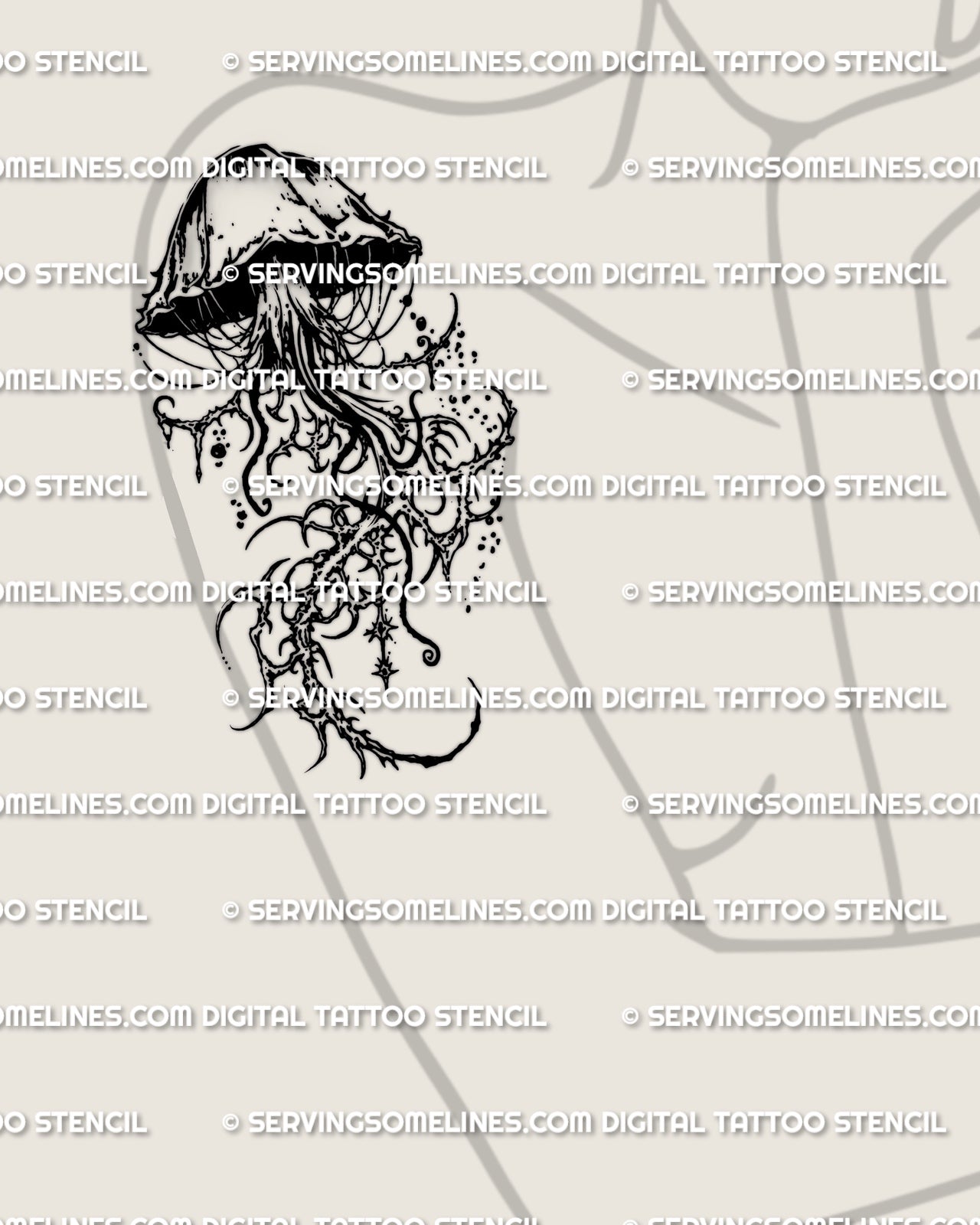 Cybersigilism jellyfish tattoo stencil shown on women’s arm placement, dripping jellyfish with long tentacles, printable files.