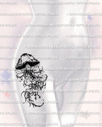 Cybersigilism jellyfish tattoo stencil shown on women’s hip placement, vertical jellyfish shape with long tentacles.