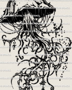 Close detail of cybersigilism jellyfish tattoo stencil, cyber sigil line flow, drip edge, crisp stencil-ready lines.