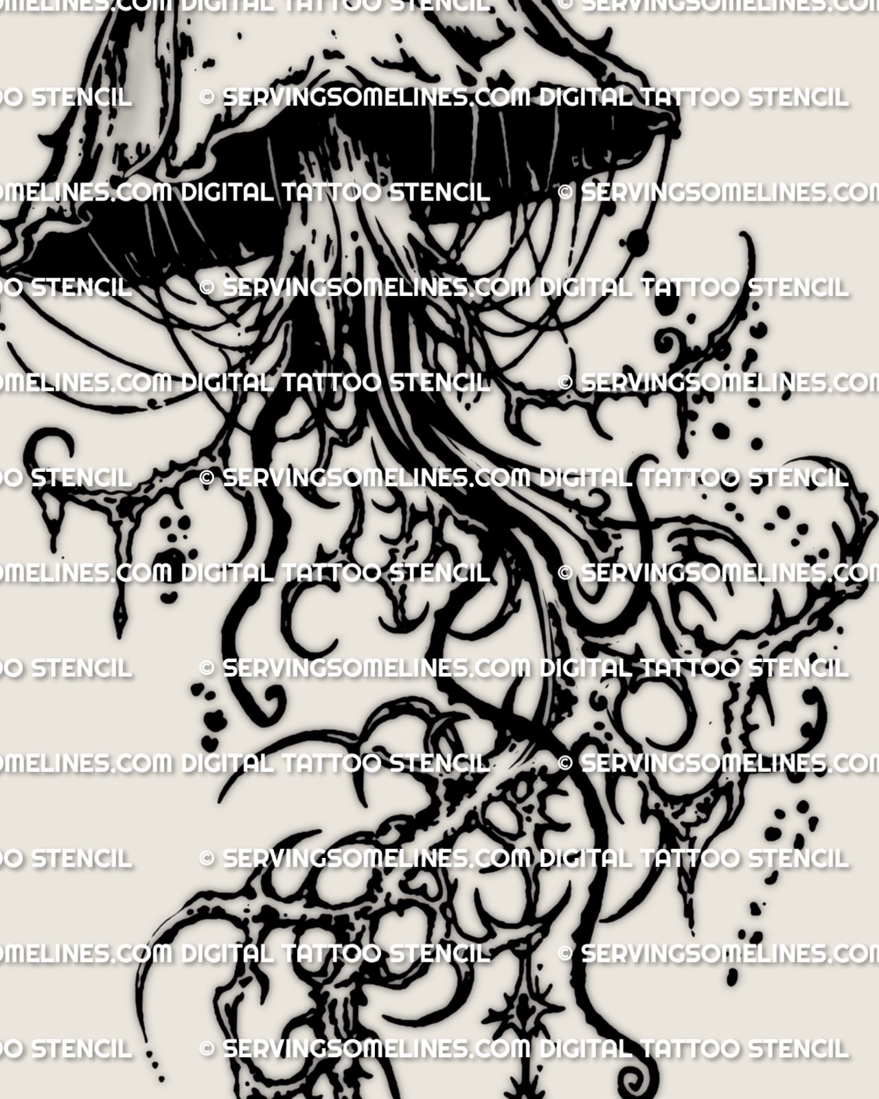 Close detail of cybersigilism jellyfish tattoo stencil, cyber sigil line flow, drip edge, crisp stencil-ready lines.
