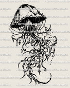 Cybersigilism jellyfish tattoo stencil, dripping bell and long tentacles, abstract cyber sigil linework, digital download.