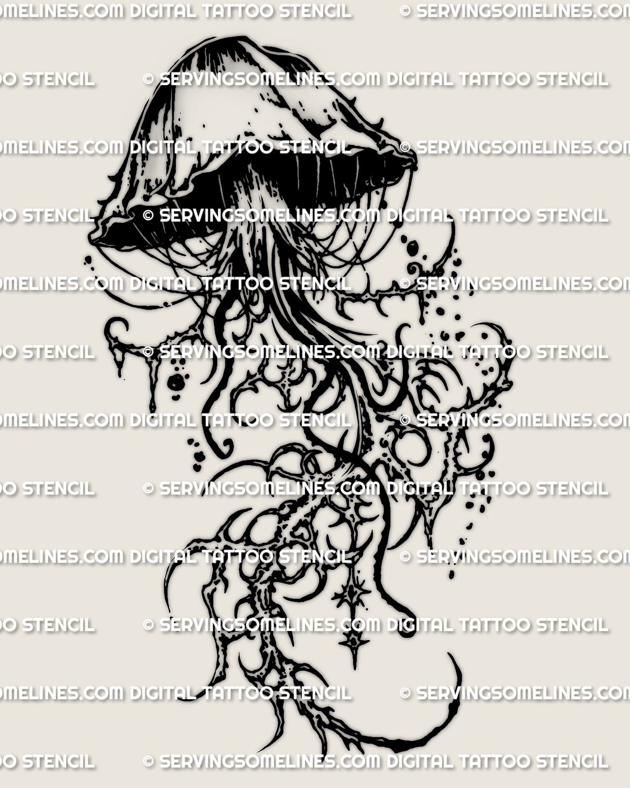 Cybersigilism jellyfish tattoo stencil, dripping bell and long tentacles, abstract cyber sigil linework, digital download.