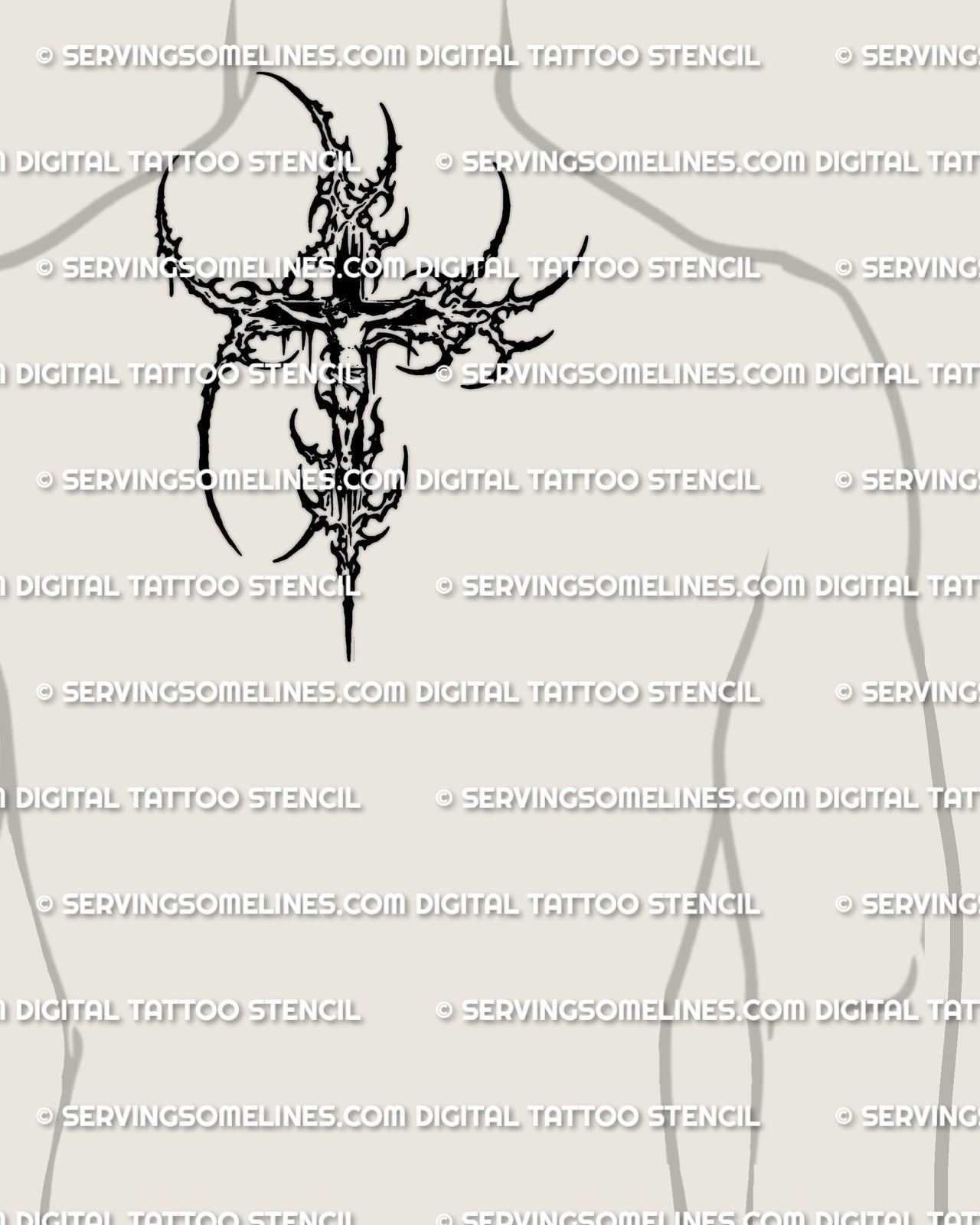 Christ crucifix tattoo stencil shown on back of neck placement, sharp cyber sigil frame, downloadable stencil files.