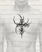 Crucifix portrait tattoo stencil displayed on chest center placement, cybersigilism cross frame, printable download.