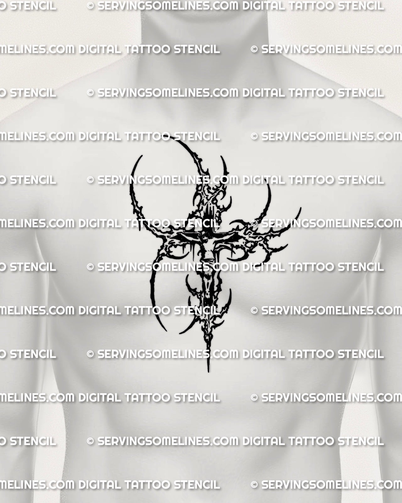 Crucifix portrait tattoo stencil displayed on chest center placement, cybersigilism cross frame, printable download.