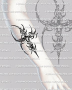 Jesus crucifix tattoo stencil shown on forearm placement preview, cyber sigil linework, instant download PNG JPG PDF.