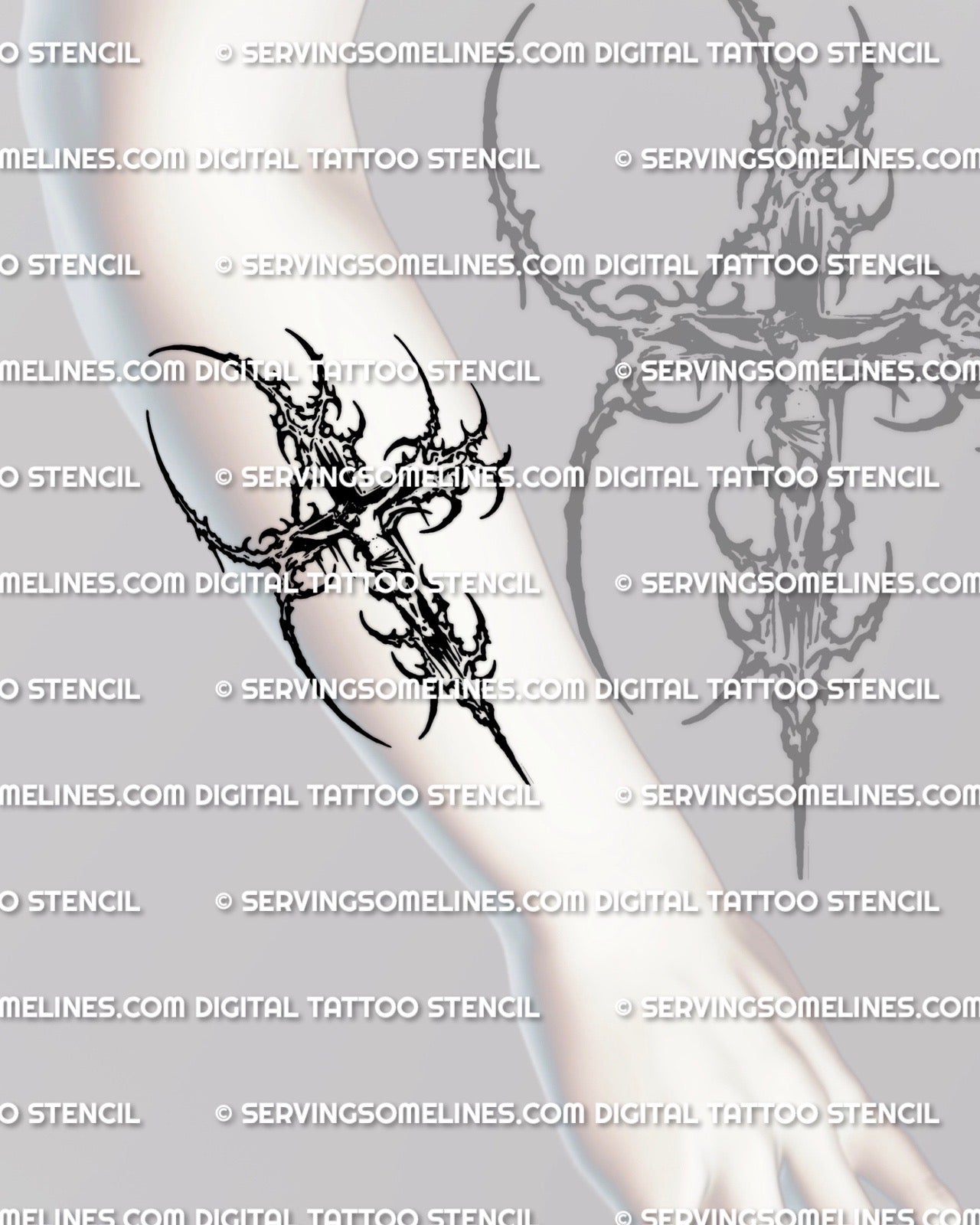 Jesus crucifix tattoo stencil shown on forearm placement preview, cyber sigil linework, instant download PNG JPG PDF.