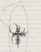 Jesus cross tattoo stencil shown on high thigh placement, bold vertical silhouette, instant printable stencil download.