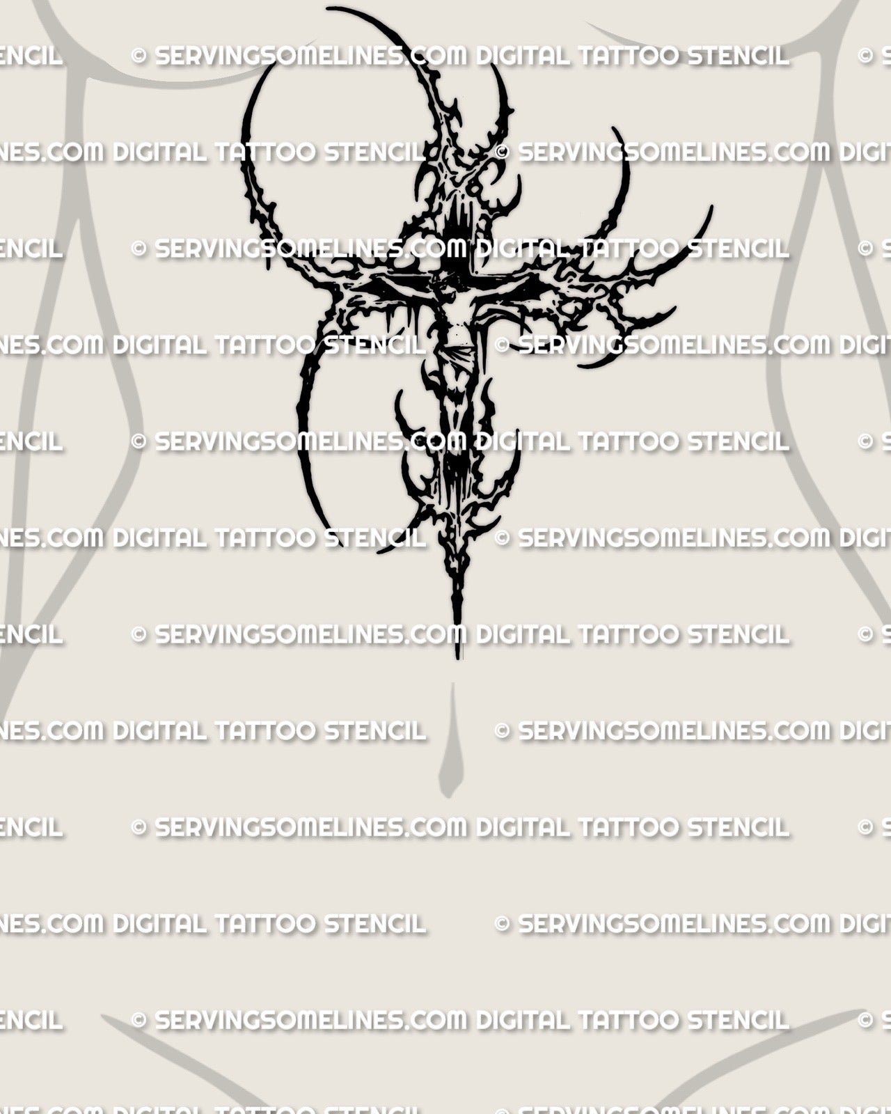 Religious crucifix tattoo stencil displayed on stomach placement preview, cybersigilism styling, instant download.