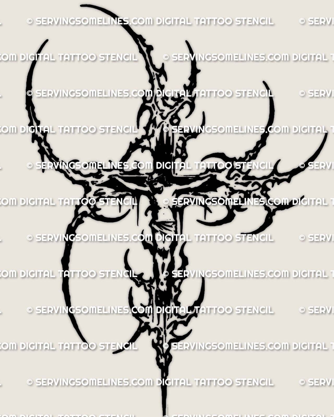 Cybersigilism Jesus tattoo stencil design, crucifix cross silhouette, printable download files for clean stencil transfer.
