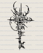 Cybersigilism key tattoo design, spiky cybertribal linework key with chain accents, clean stencil for artists.