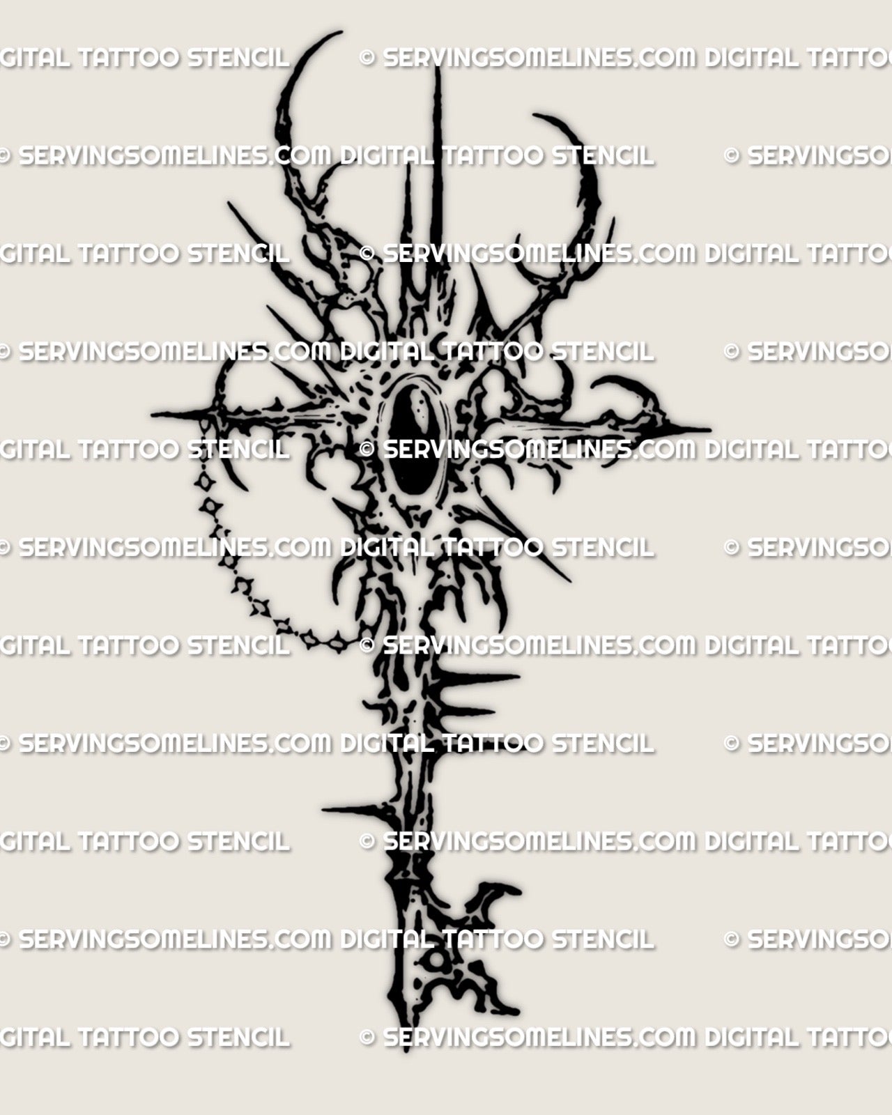 Cybersigilism key tattoo design, spiky cybertribal linework key with chain accents, clean stencil for artists.