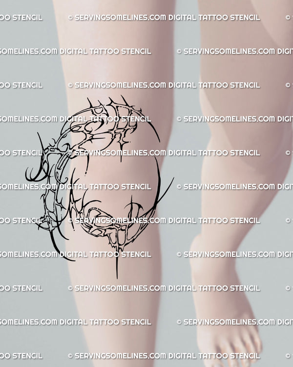 Right knee cybersigilism tattoo stencil drawn with spiky cyber tribal and neotribal frame lines, a bold gothic grunge tattoo idea that artists can resize or flip for left knee use.