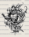 Cybersigilism knight tattoo stencil download, armored sword knight portrait with cyber sigil drip frame, clean printable PNG JPG PDF